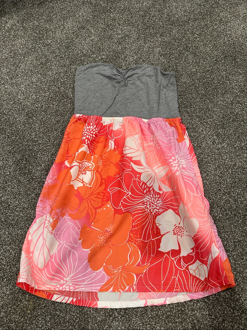 Roxy Strapless Floral Dress in Gray, Orange, Pink and White